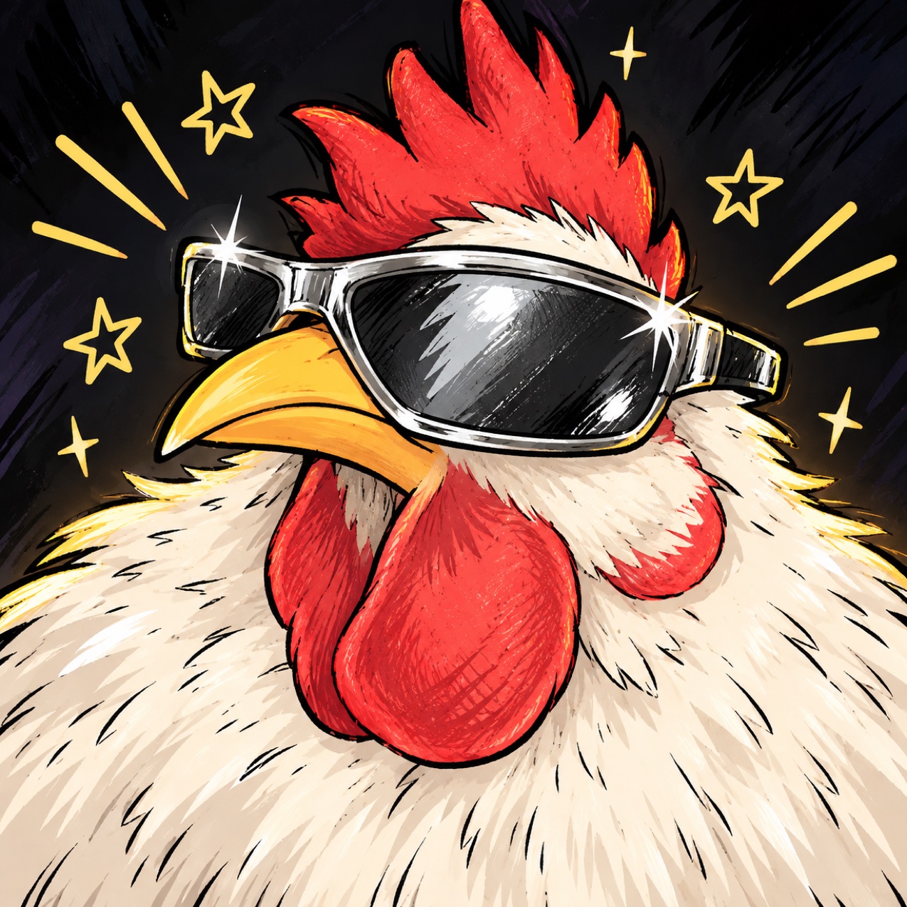 Illustrated white rooster wearing sunglasses with a bright red comb