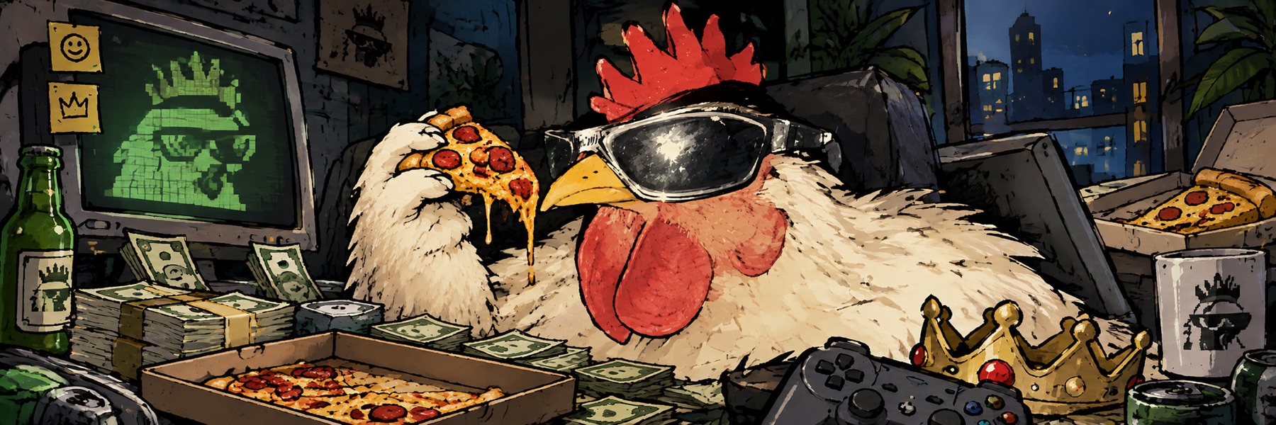 The rooster relaxes in a night-time hideout surrounded by pizza, friends' games, and a glowing screen